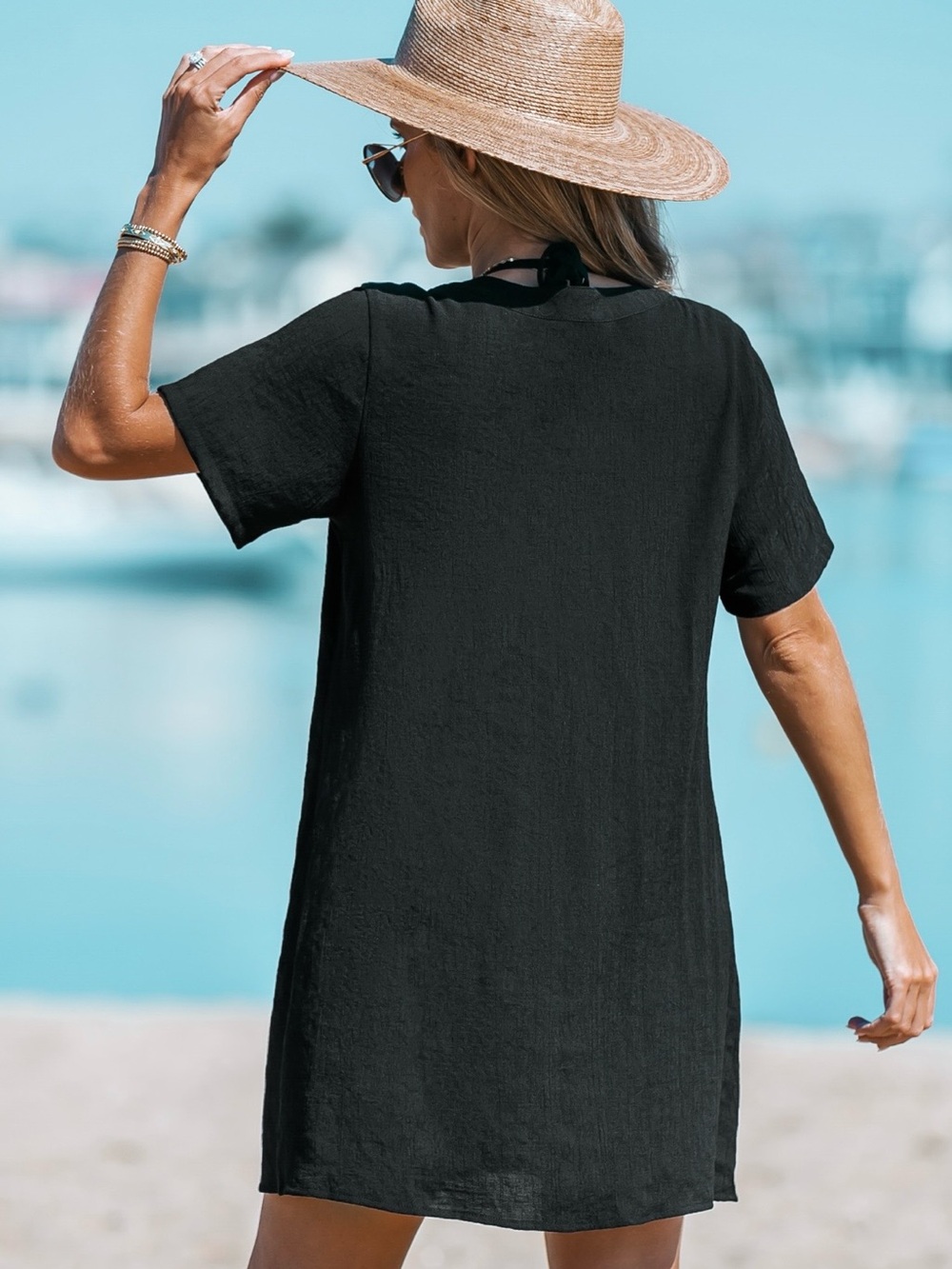 Cupshe Black V-Neck Short Sleeve Swim Coverup - Picture 2 of 10